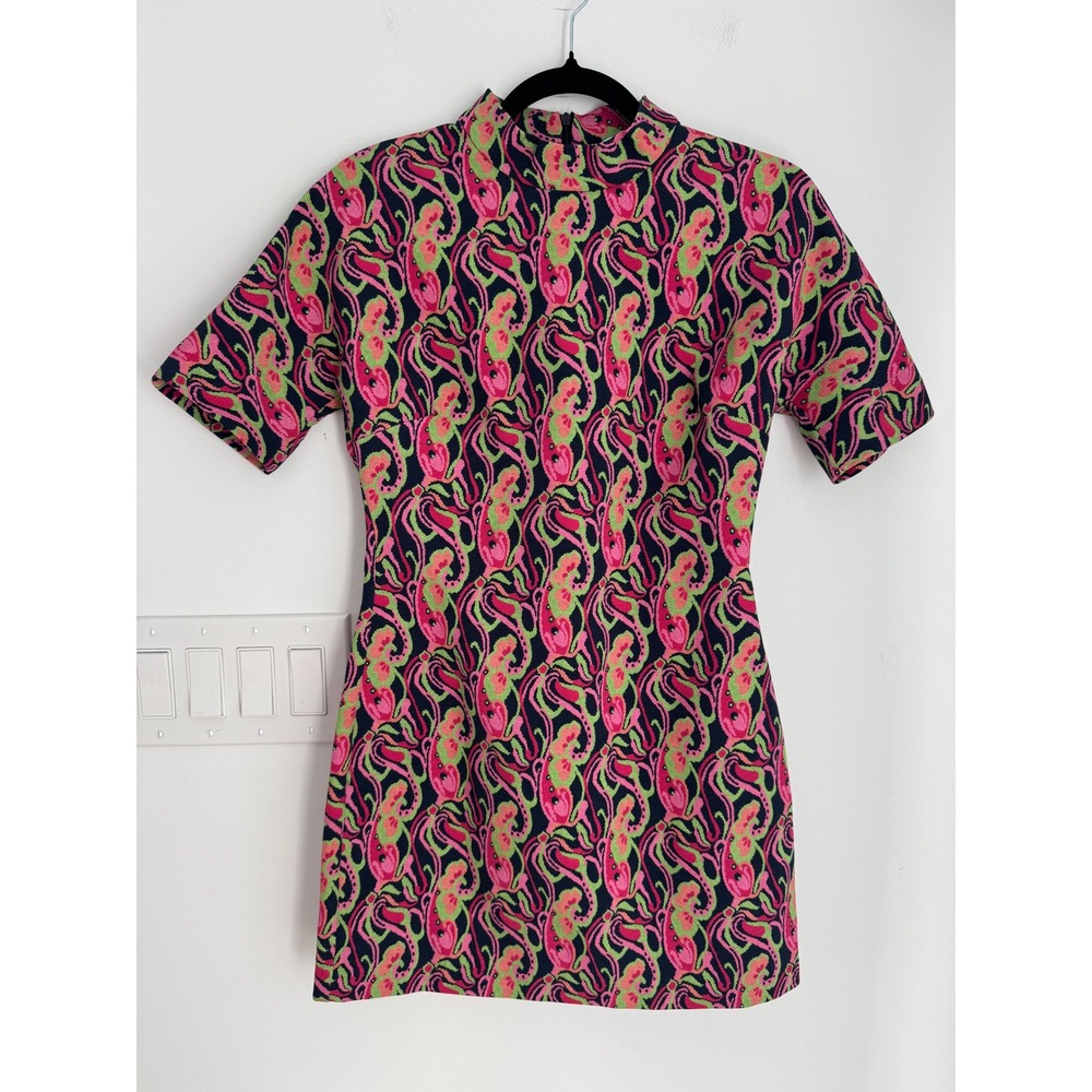 Zara Women Pink Green Abstract Paisley Mock Neck Mini Dress Short Sleeve Size S